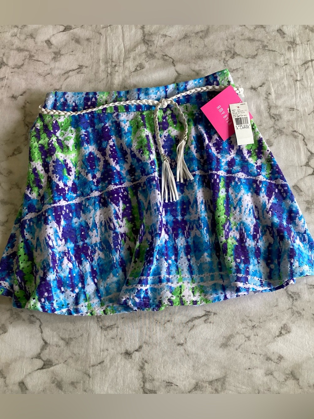 Blue Green tropical Printed youth  Skirt with Tassel braided belt NWT